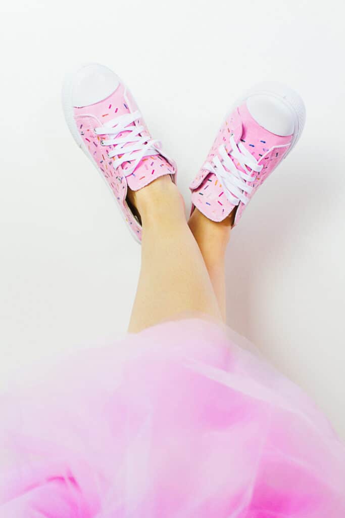DIY Sprinkle Shoes Sneakers Pink Bridal pumps plimsole funfetti tutorial iron on 21