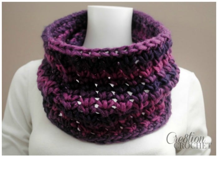 Enchanted Infinity Cowl free crochet pattern for this fun chunky cowl can be found at cre8tioncrochet