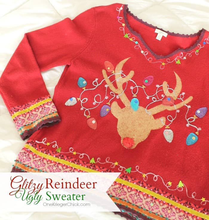 Make your own Glitzy Reindeer Ugly Sweater Perfect for the Holidays OneKriegerChick.com uglysweaterchallenge