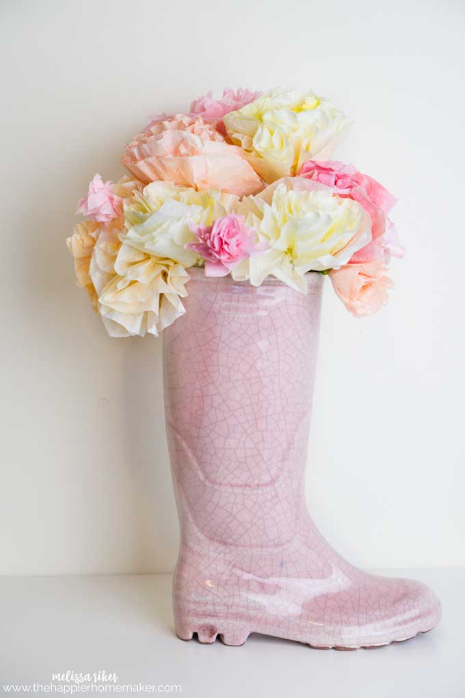 coffee filter flowers in boot vase