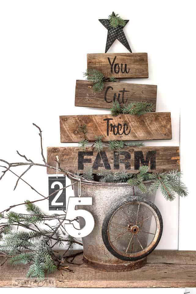 DIY Wood Christmas Tree Crafts 7 reclaimed wood You Cut Tree Farm Christmas sign Funky Junks Old Sign Stencils Fusion Mineral Paint 012