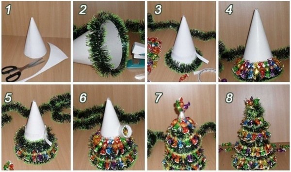 Creative Ideas DIY Mini Christmas Tree with Chocolates and Tinsel 600x355 1