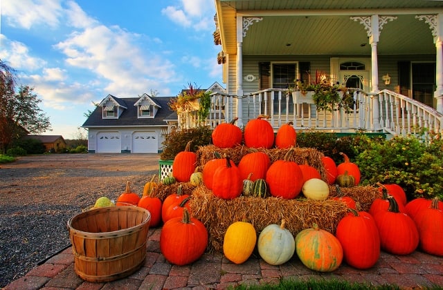 house with pumpkins and fall decoration