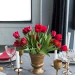 bouquet of red tulips on tabletop