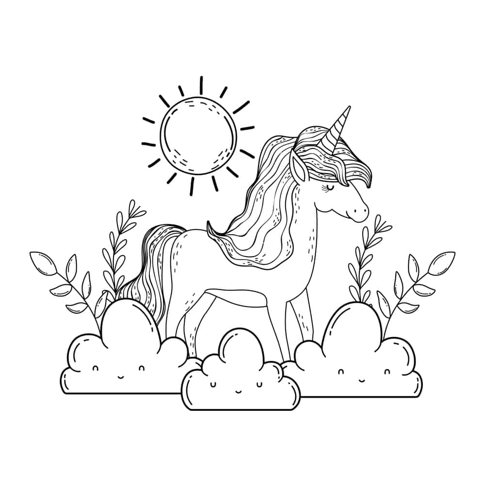 drawing of beautiful little unicorn with clouds and sun