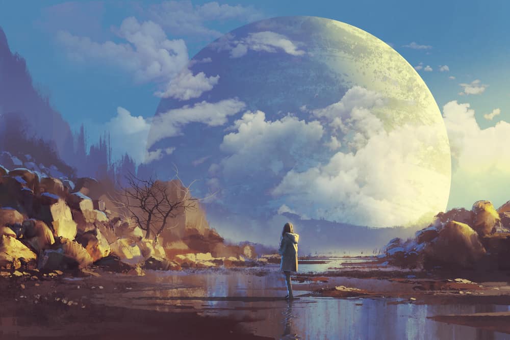Scenery of lonely woman looking at another earth